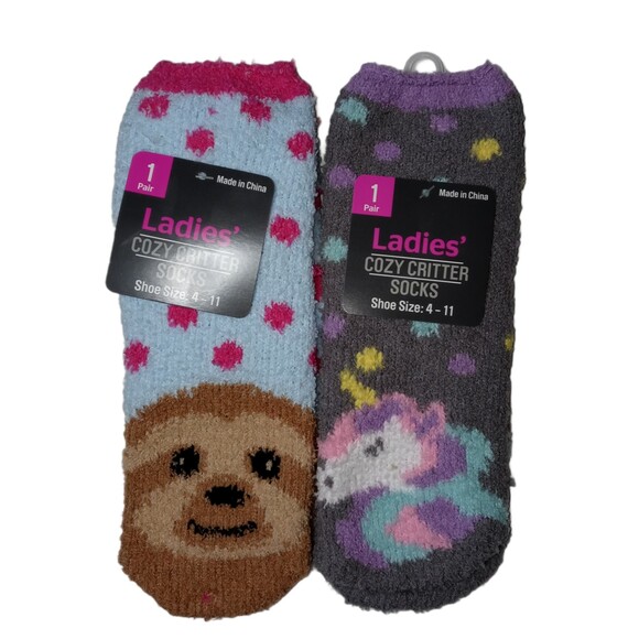 Cozy Critter Socks Two Pair Sloth and Unicorn - Picture 1 of 2